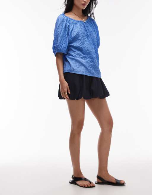 Mango cotton mix soft denim bubble mini skirt in indigo, 4 of 5