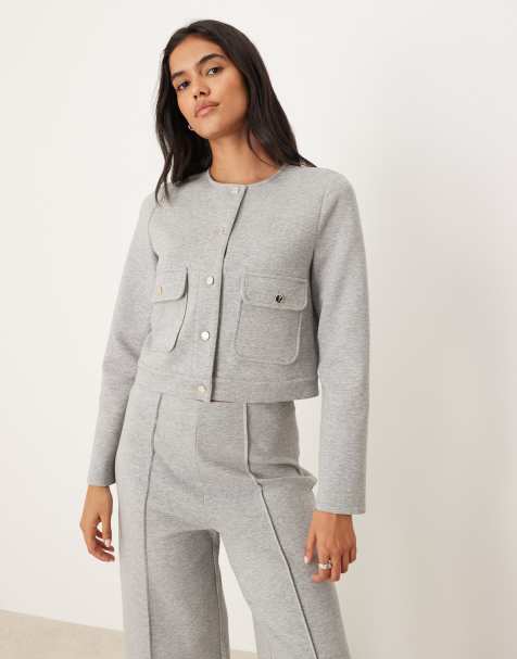 Mango cotton mix soft touch jacket with gold buttons co-ord in grey - view 1