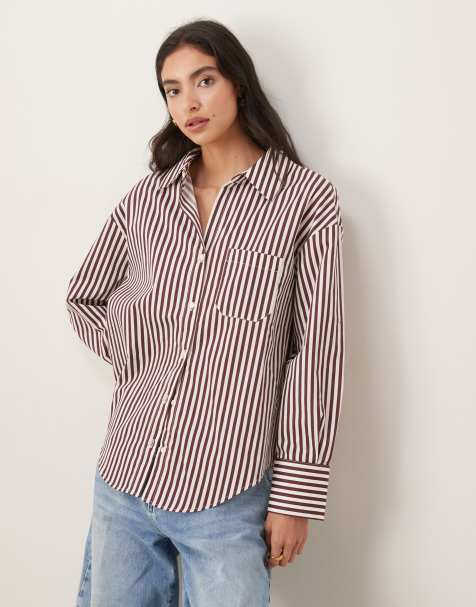 Mango cotton mix structured shirt in burgundy stripe - view 1