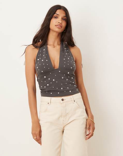 Mango cotton mix studded halter top in charcoal - view 1