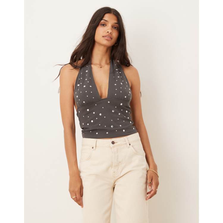 Mango cotton mix studded halter top in charcoal | ASOS