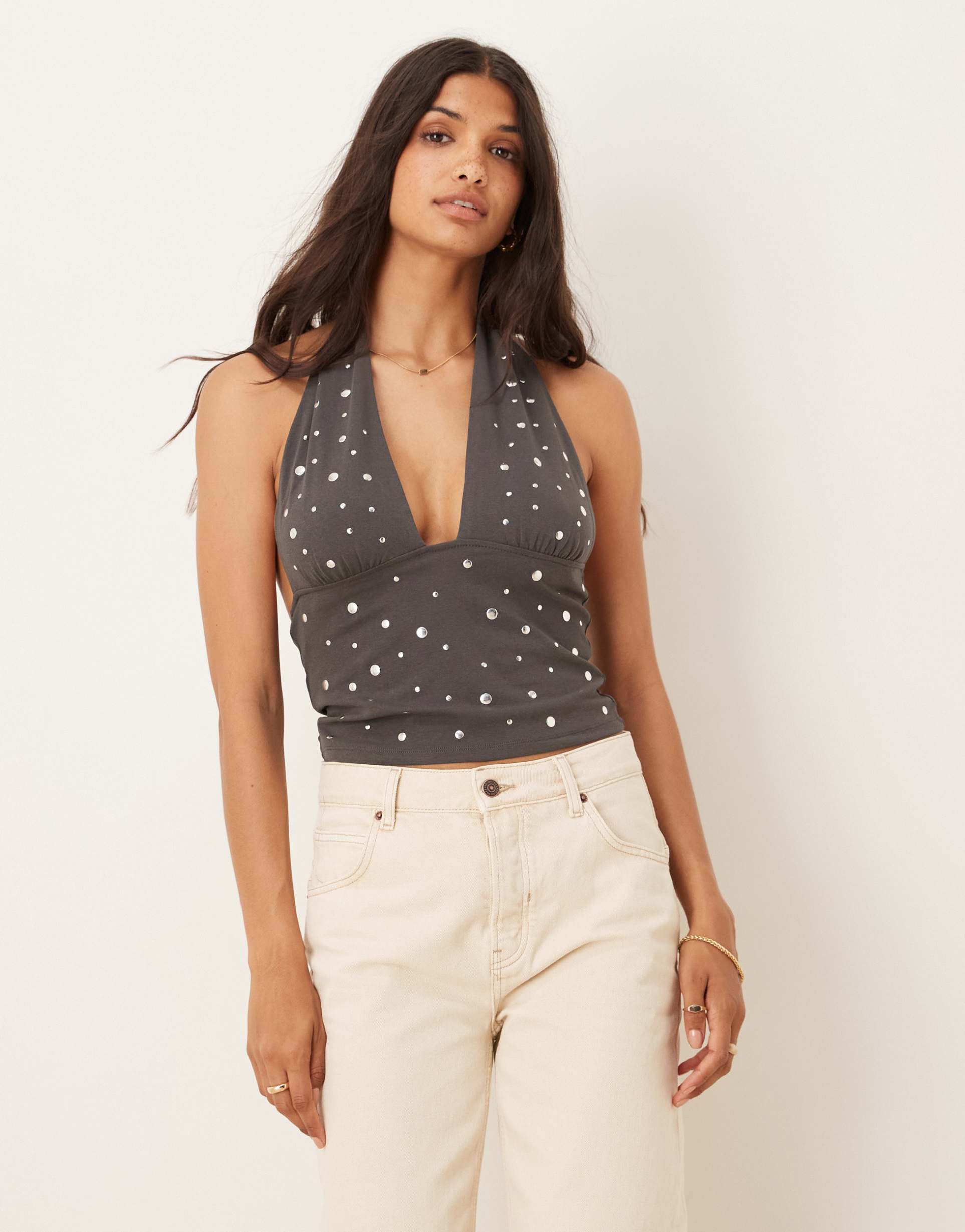 mango cotton mix studded halter top in charcoal