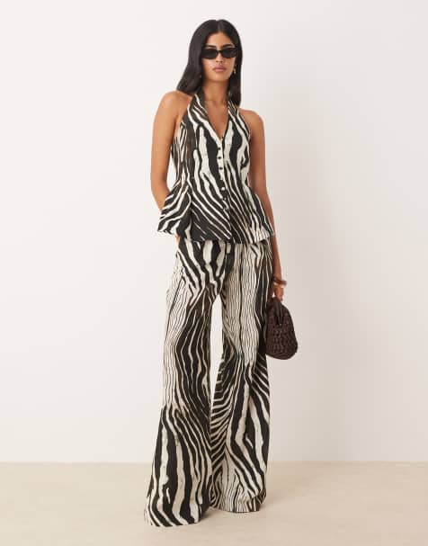 Mango cotton mix tailored wide leg trouser co-ord in zebra print - view 1