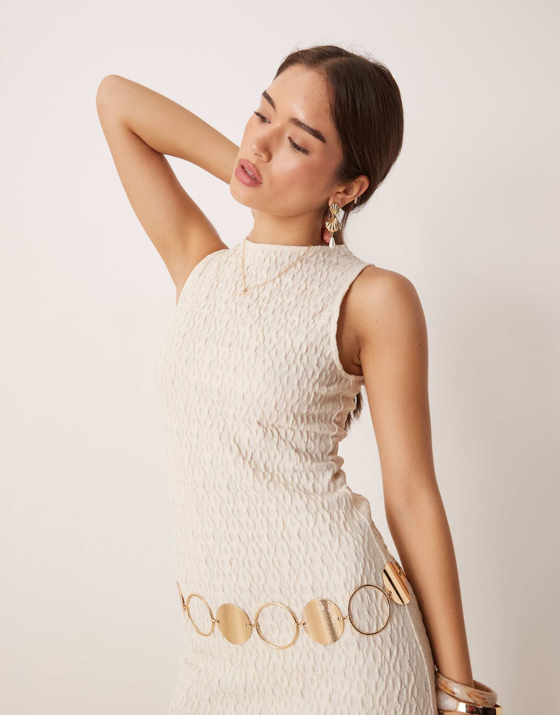 mango cotton mix textured round neck mini dress with lettuce hem in white