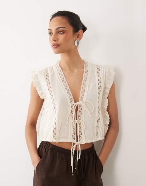 Mango cotton mix tie front frill detail blouse in cream, 3 of 4
