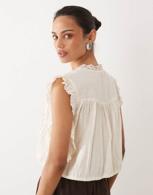 Mango cotton mix tie front frill detail blouse in cream, 4 of 4