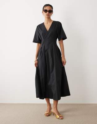 Mango Cotton Mix V Neck Midi Dress With Puff Sleeves In Brown