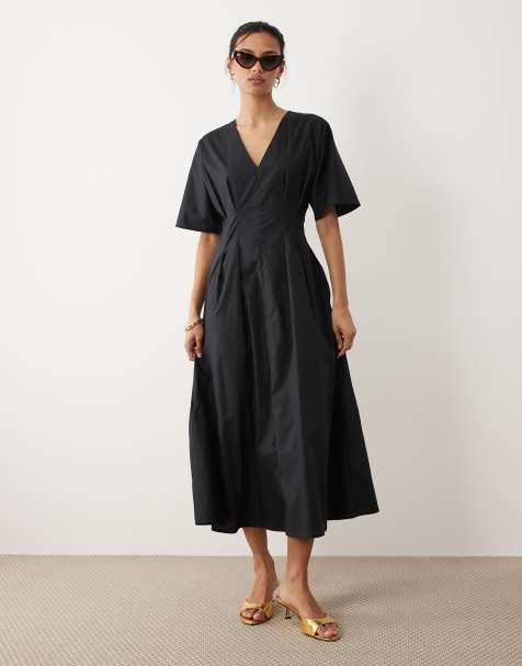 Mango cotton mix v neck midi dress with puff sleeves in black - view 1