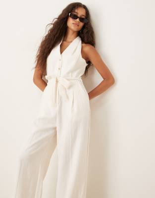 Mango Cotton Mix Vest Tie Belt Jumpsuit In White