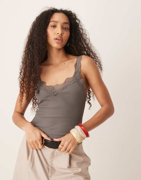 Mango cotton mix wide strap lace trim detail tank top in mushroom - view 1