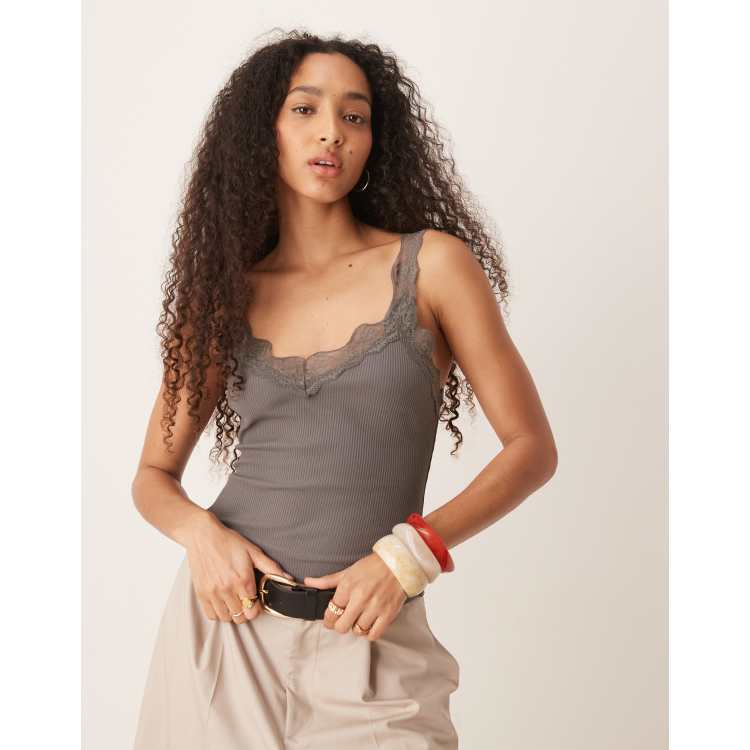 Mango cotton mix wide strap lace trim detail tank top in
