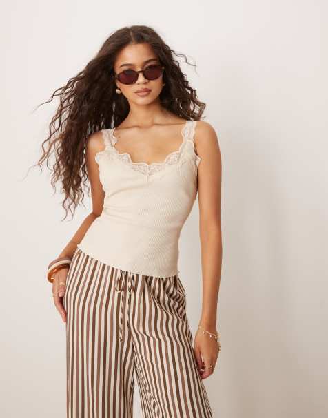 Mango cotton mix wide strap lace trim detail vest in beige - view 1