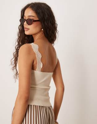 Mango cotton mix wide strap lace trim detail vest in beige | ASOS