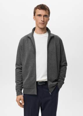 Mango cotton mix zip through sweatshirt in charcoal-Grey