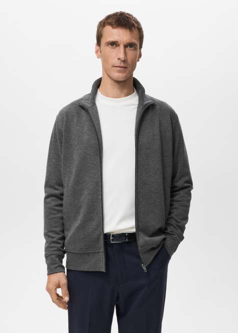 Mango cotton mix zip through sweatshirt in charcoal - view 1