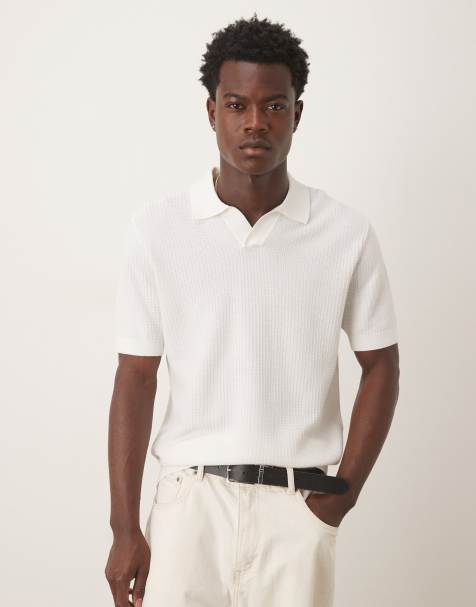 Mango cotton open knit polo top in natural - view 1