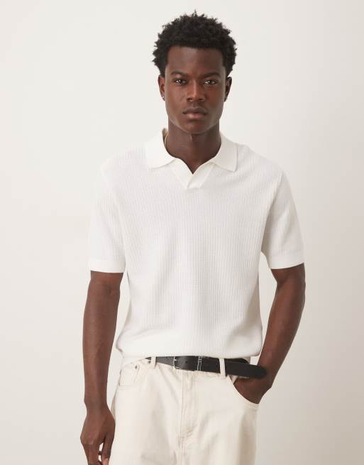 Mango cotton open knit polo top in natural