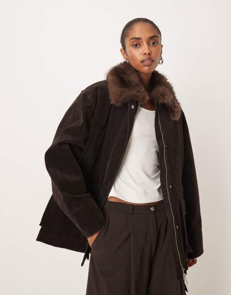 Mango cotton parka jacket with faux fur collar in brown - view 1