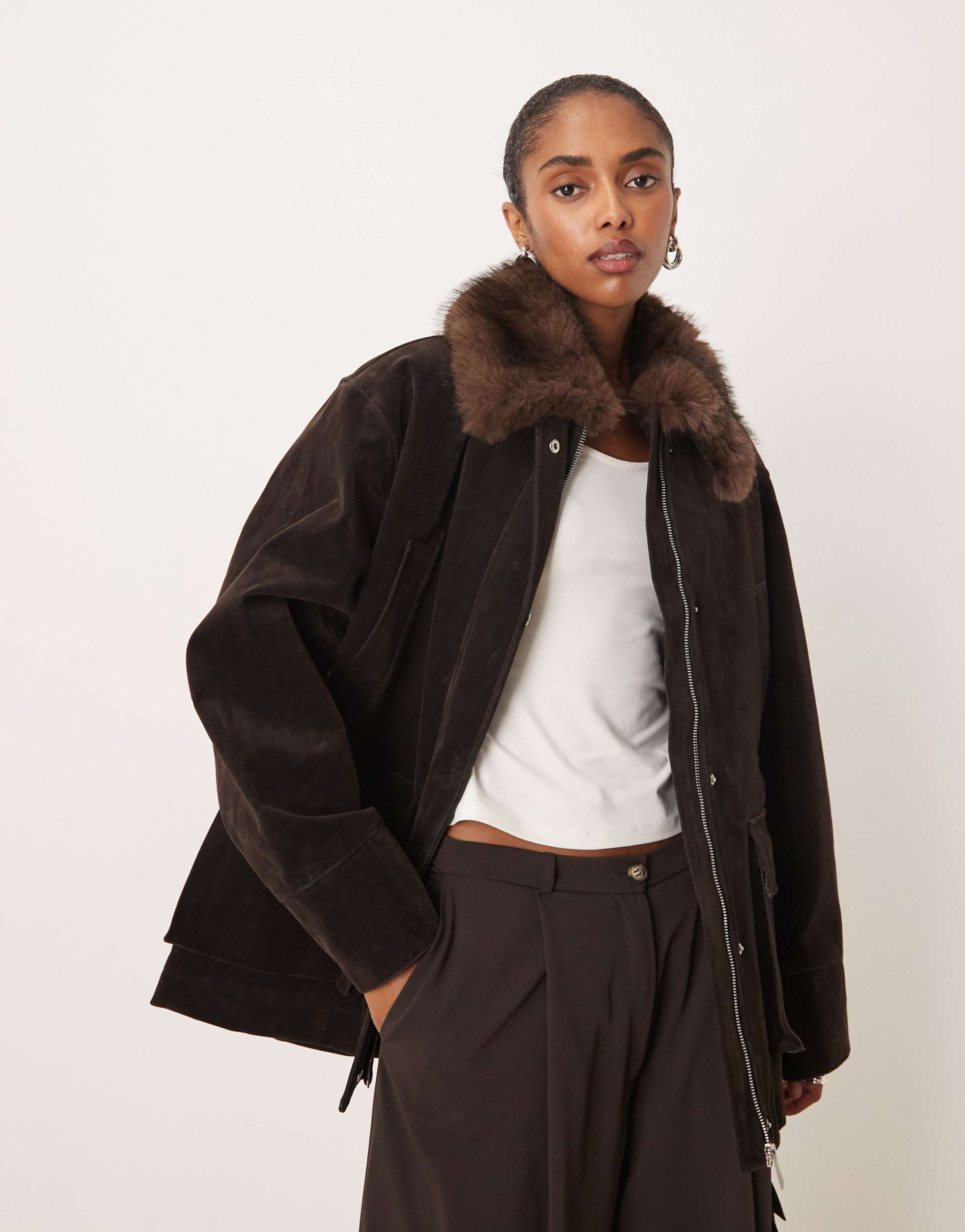 mango cotton parka jacket with faux fur collar in brown