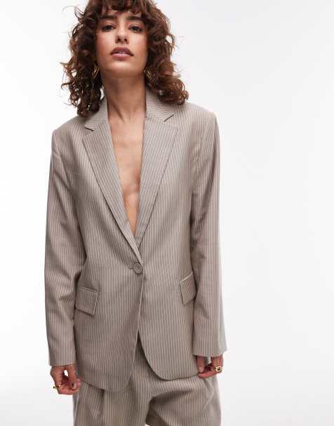 Mango cotton pinstripe blazer co-ord in brown - view 1