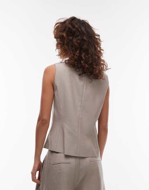 Mango cotton pinstripe high neck waistcoat co-ord in brown, 2 of 4