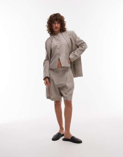 Mango cotton pinstripe tailored short co-ord in brown - view 1