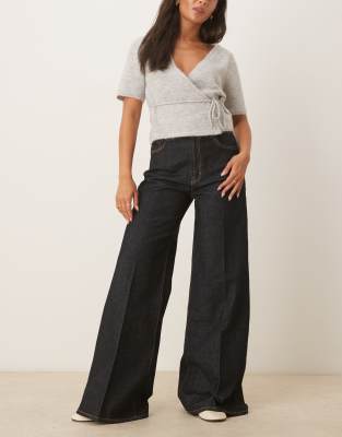 Mango Cotton Pleat Front Wide Leg Jean In Black