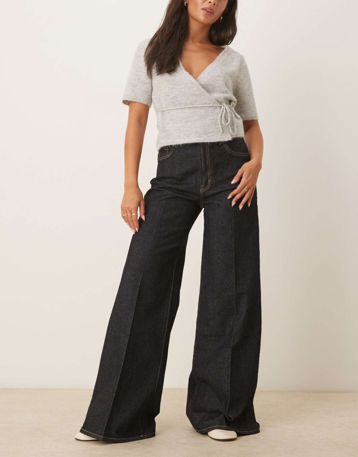 Mango cotton pleat front wide leg jean in dark blue