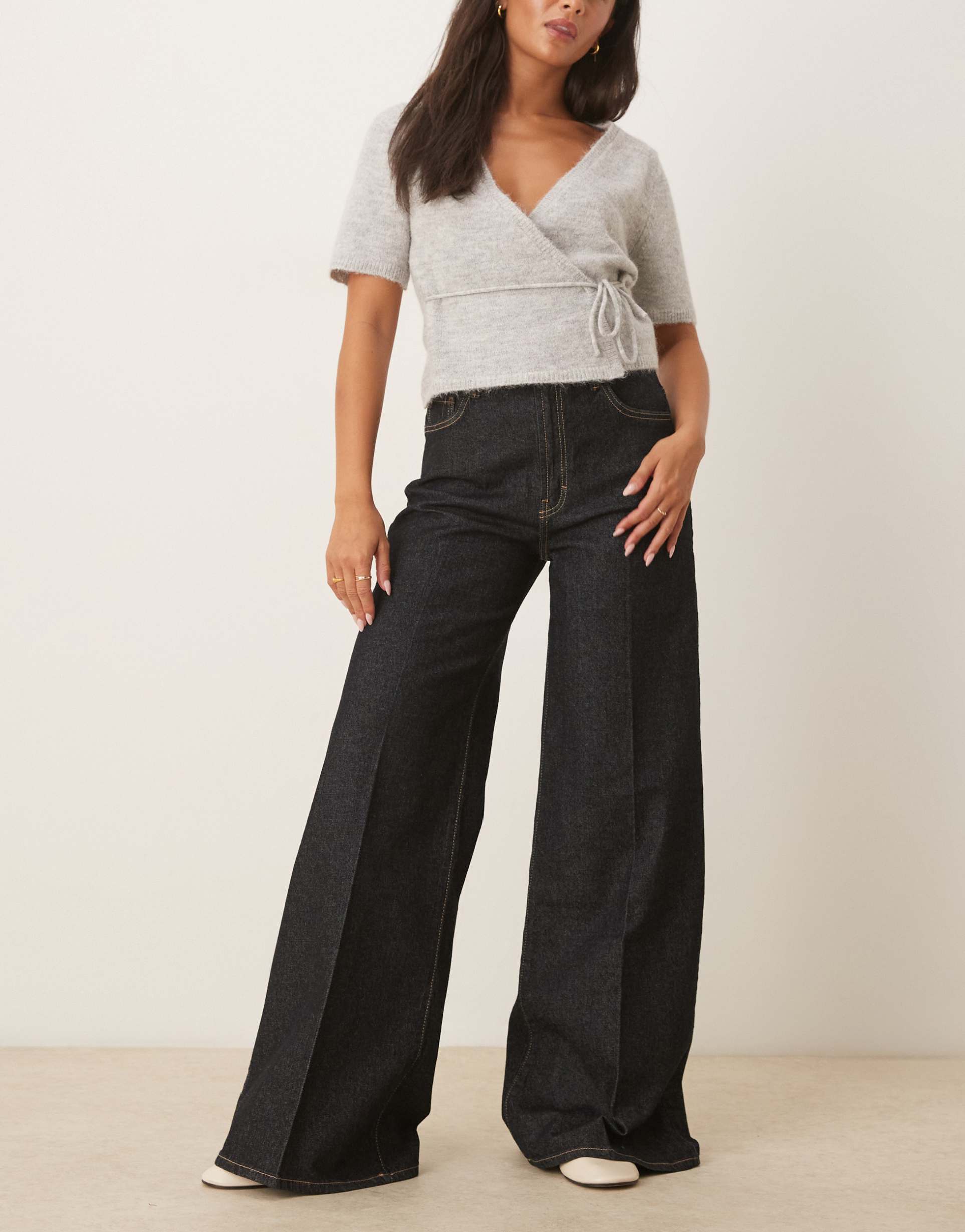 mango cotton pleat front wide leg jean in dark blue