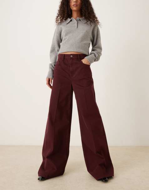 Mango cotton pleat front wide leg jean in dark red - view 1