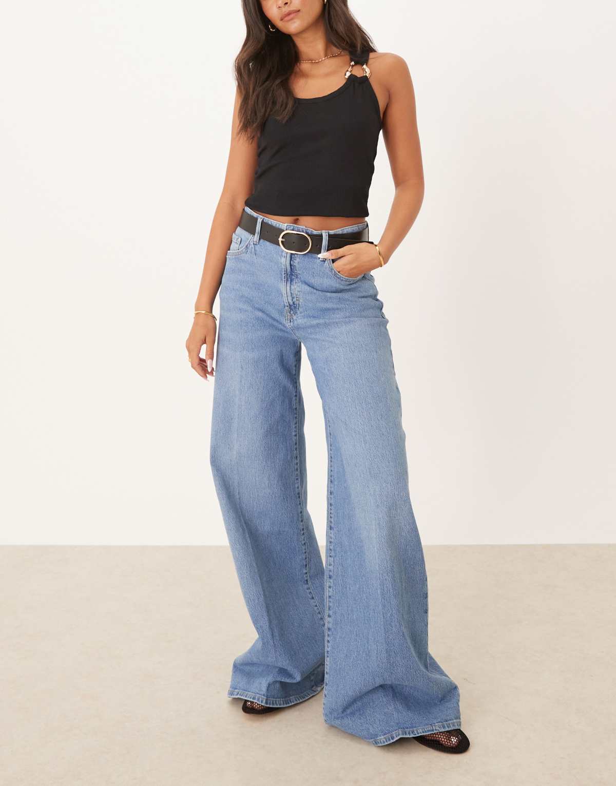 Mango cotton pleat front wide leg jean in light blue