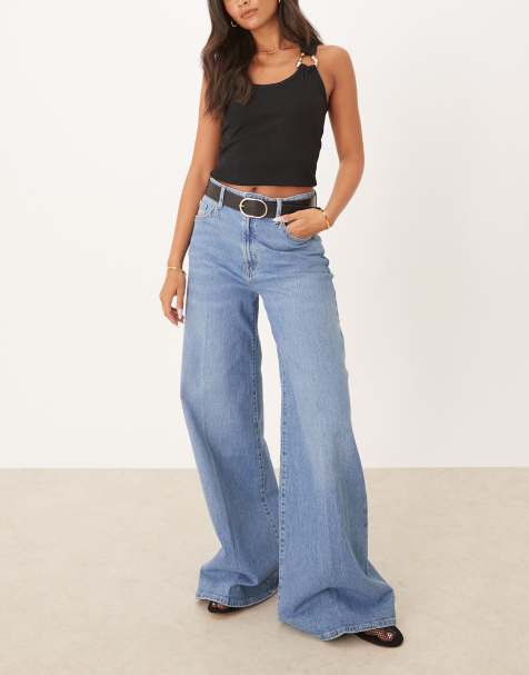 Mango cotton pleat front wide leg jeans in light blue - view 1