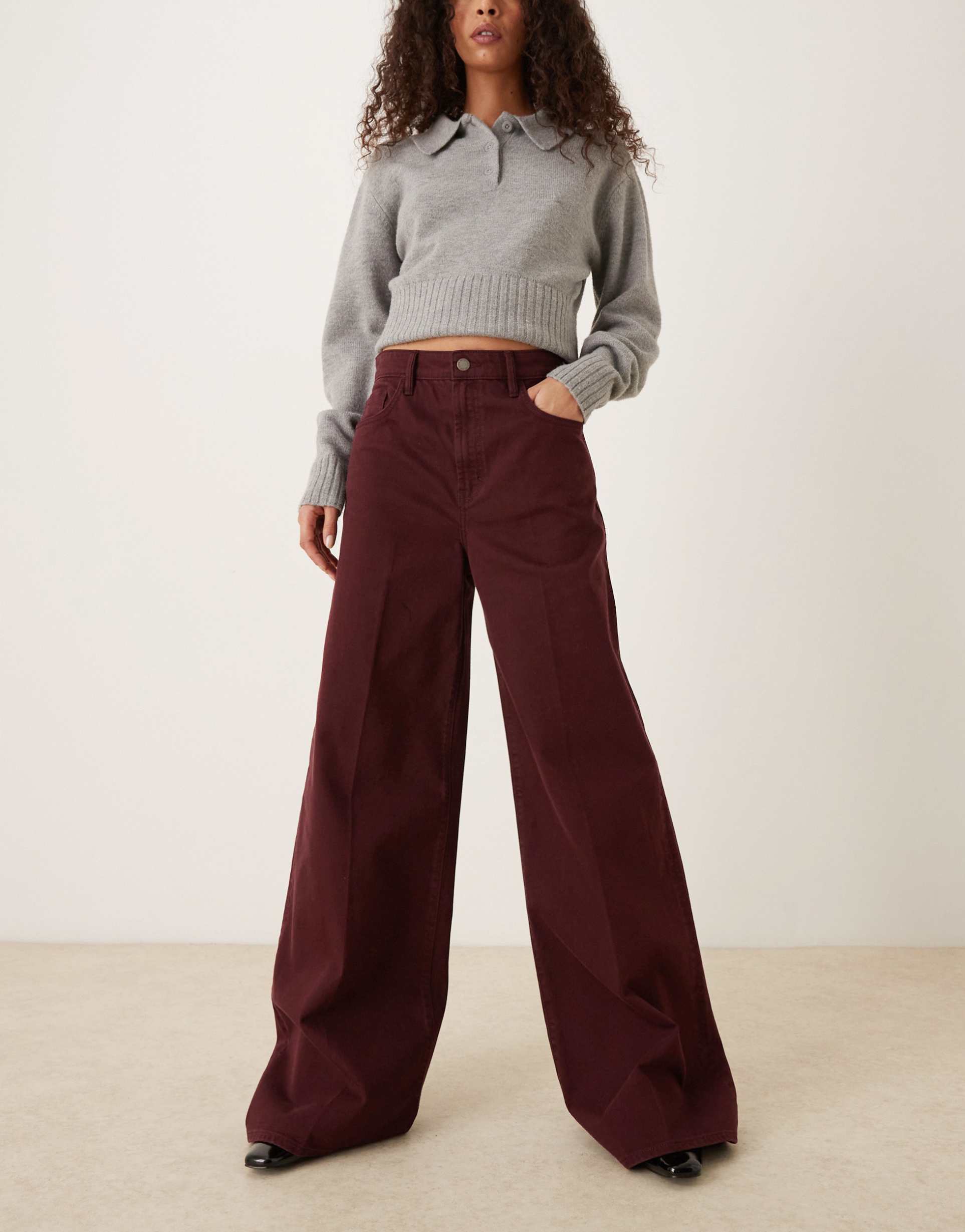 mango cotton pleated front wide leg jeans in dark red