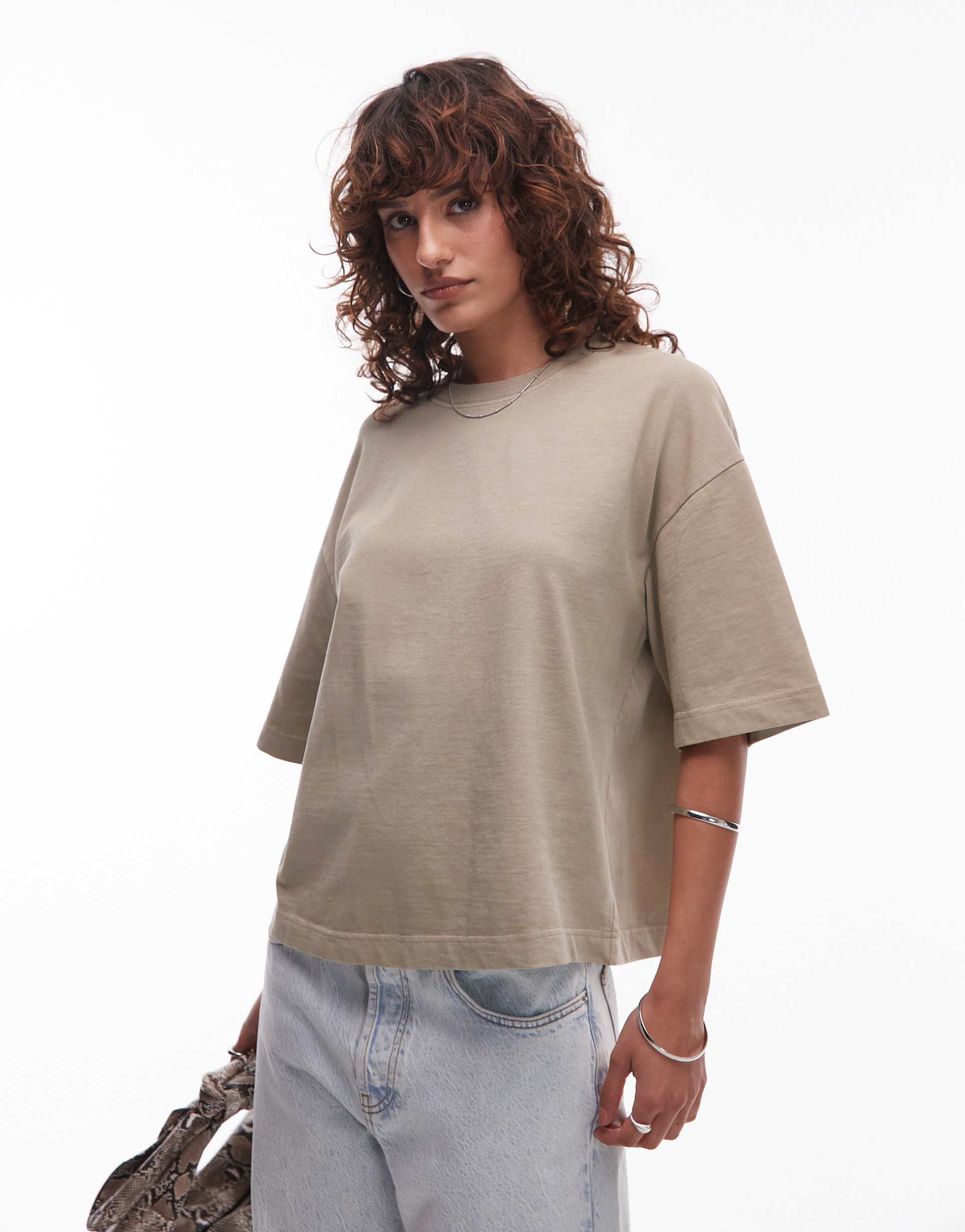 mango cotton premium boxy drop sleeve t-shirt in beige