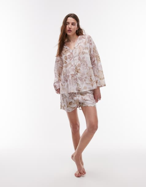 Mango cotton pyjama short co-ord in pink botanical print - view 1