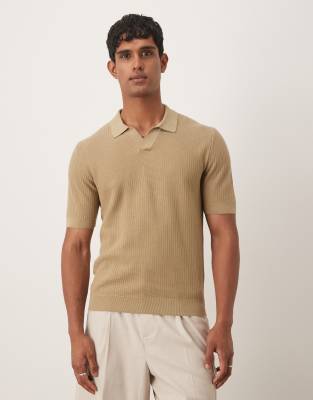 Mango cotton revere collar short sleeve shirt in tan-Brown