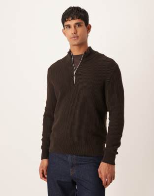 Mango Cotton Ribbed Quarter Zip In Brown