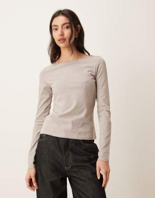 Mango Cotton Rich Boat Neck Long Sleeve Top In Brown