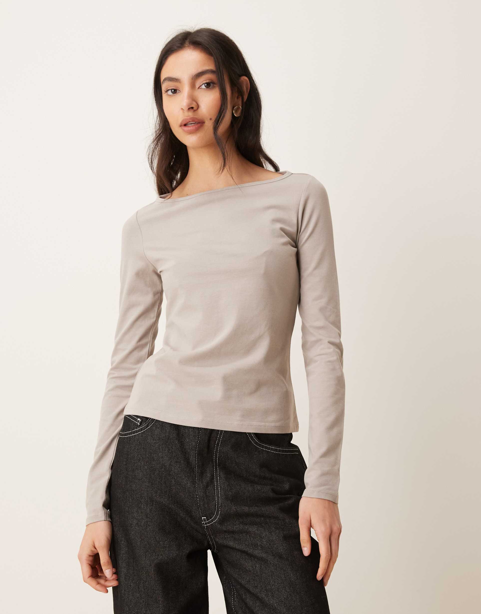 mango cotton rich boat neck long sleeve top in light brown