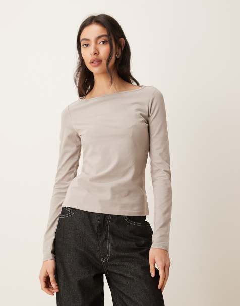 Mango cotton rich boat neck long sleeve top in light brown