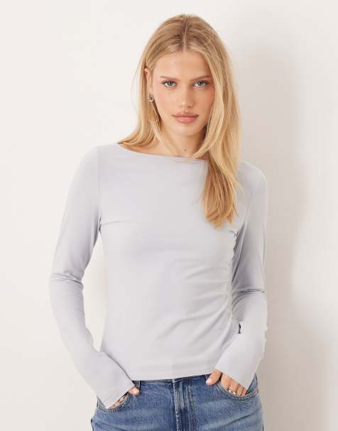 Mango cotton rich boat neck long sleeve top in pastel blue - view 1