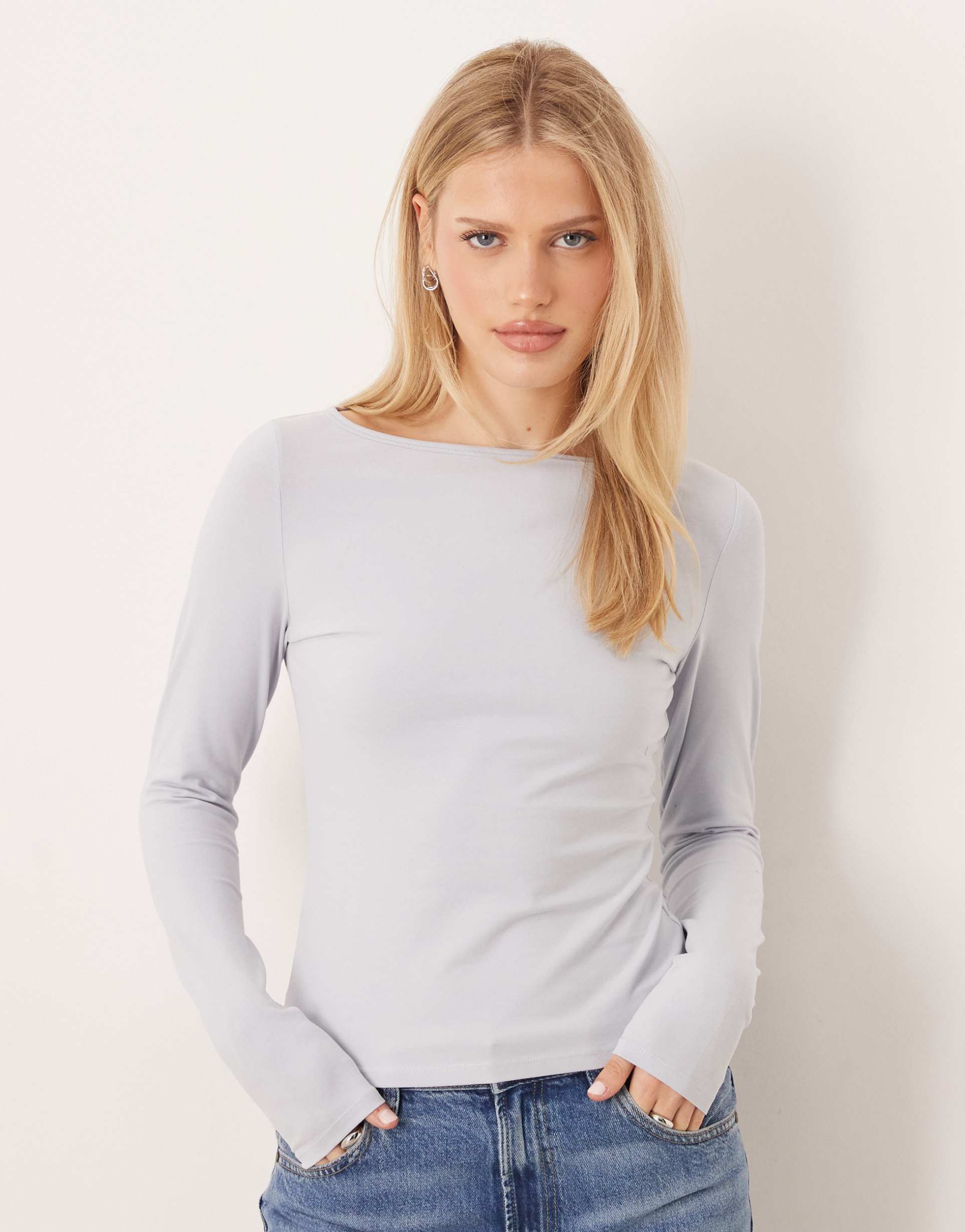 mango cotton rich boat neck long sleeve top in pastel blue