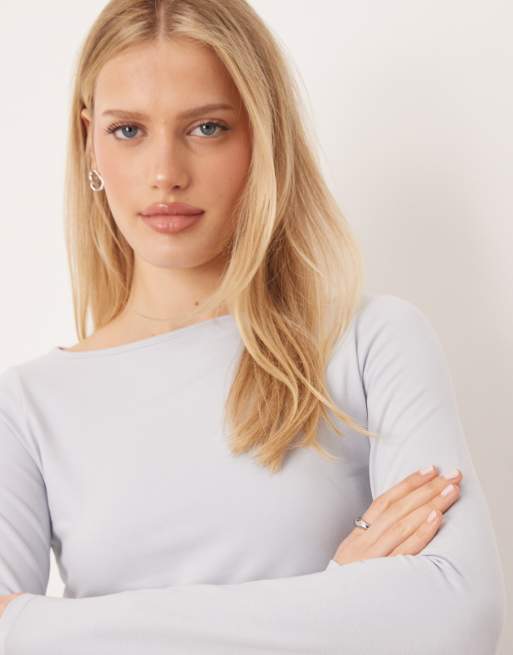 Mango cotton rich boat neck long sleeve top in pastel blue, 2 of 4