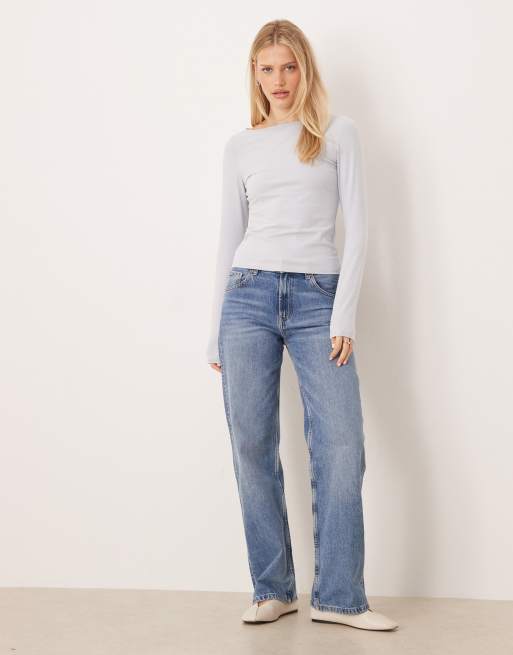 Mango cotton rich boat neck long sleeve top in pastel blue, 3 of 4