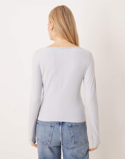 Mango cotton rich boat neck long sleeve top in pastel blue, 4 of 4