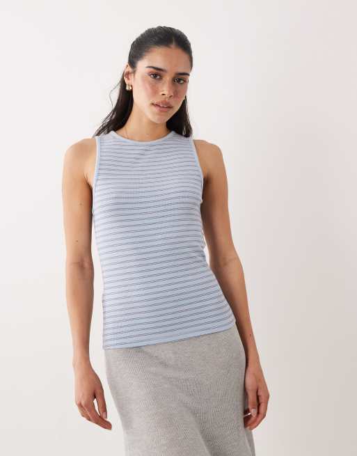 Mango cotton rich boat neck sleeveless top in blue stripe, 3 of 4