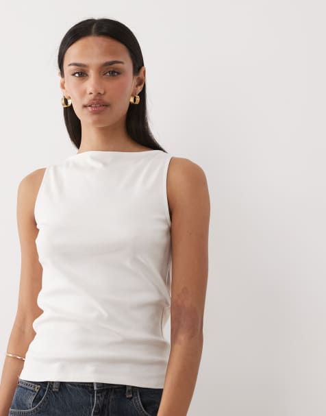 Mango cotton rich boat neck sleeveless top in cream - view 1