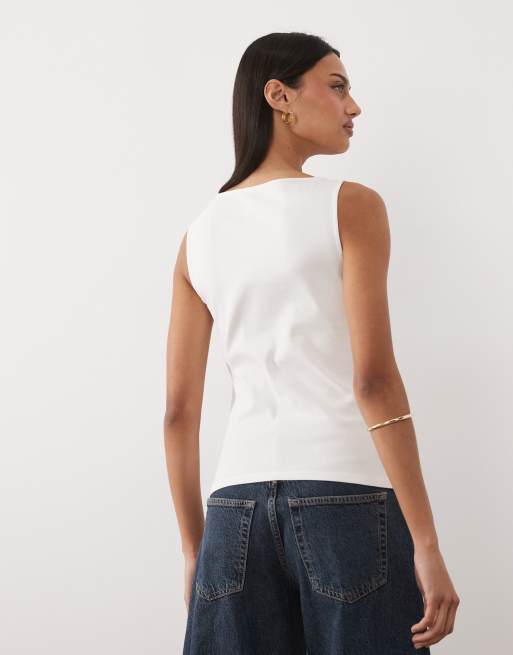 Mango cotton rich boat neck sleeveless top in cream, 4 of 4