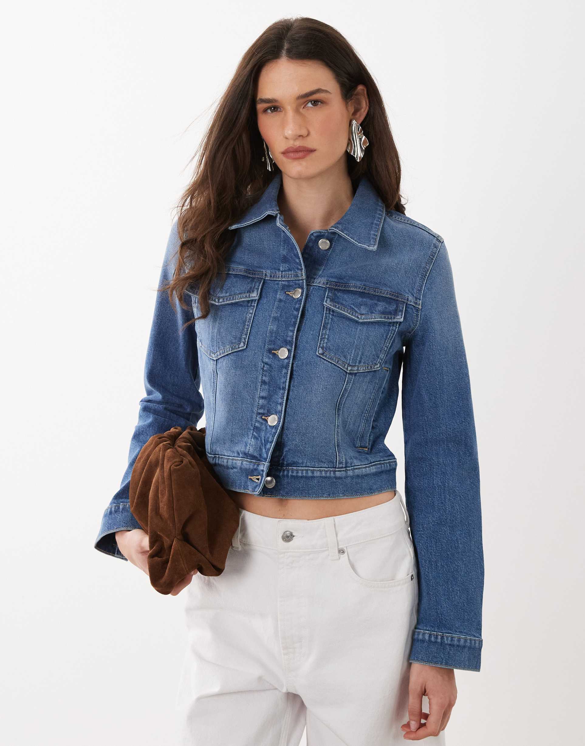 mango cotton rich classic denim jacket in mid blue