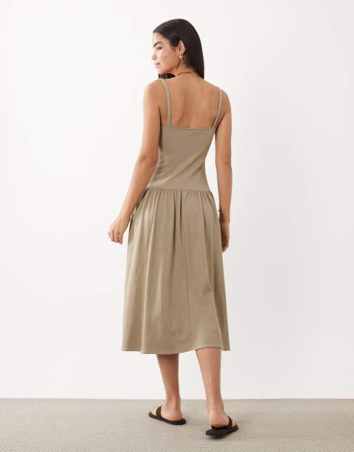 Mango cotton rich drop waist midi dress in light green, 2 of 4